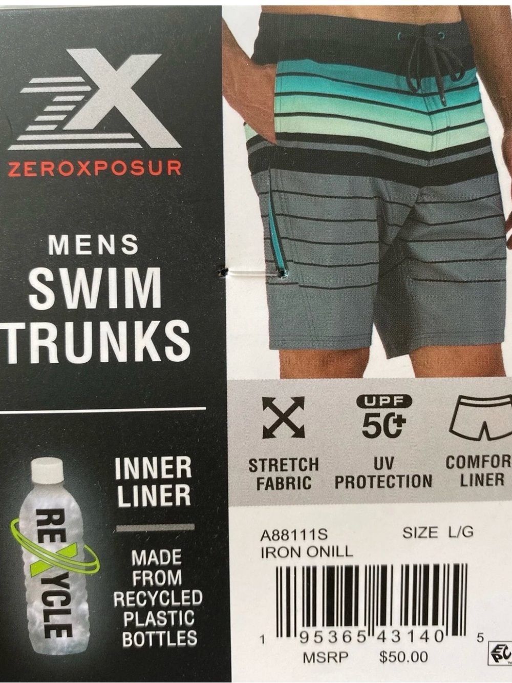 ZeroXposur Men’s Teal Green and Gray Striped Swim Trunks